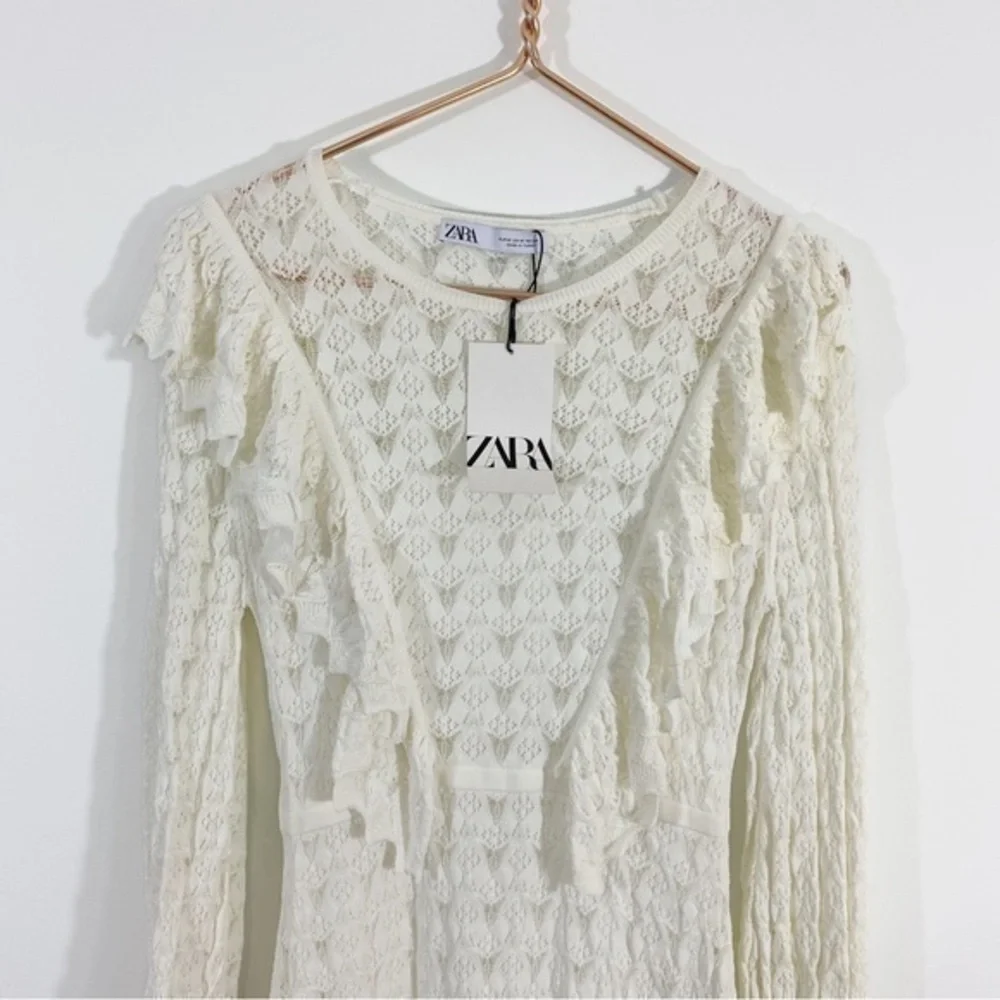Zara NWT Medium White Pointelle‎ Knit Long Sleeve Mini Dress Ruffles